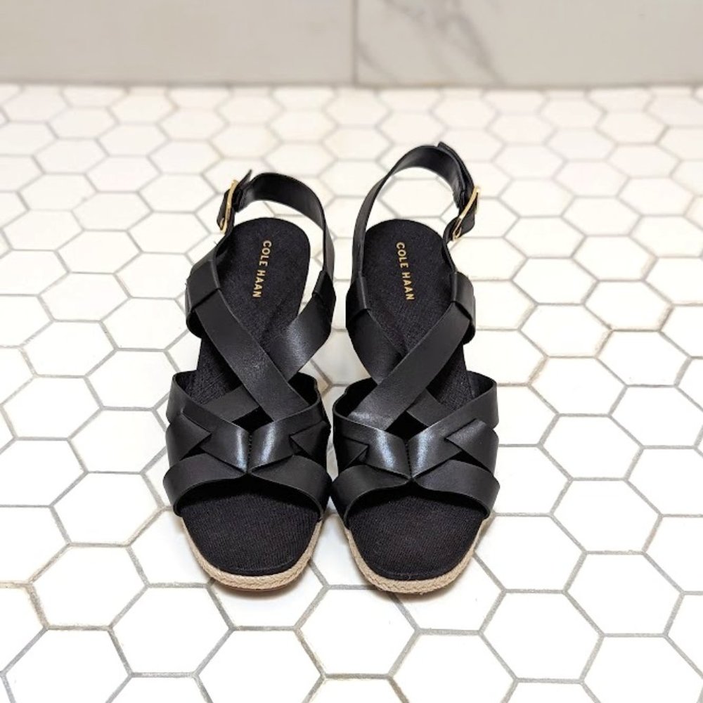 Cole Haan Black Strapped Jute-braided Espadrille Wedge Heel (NWT)